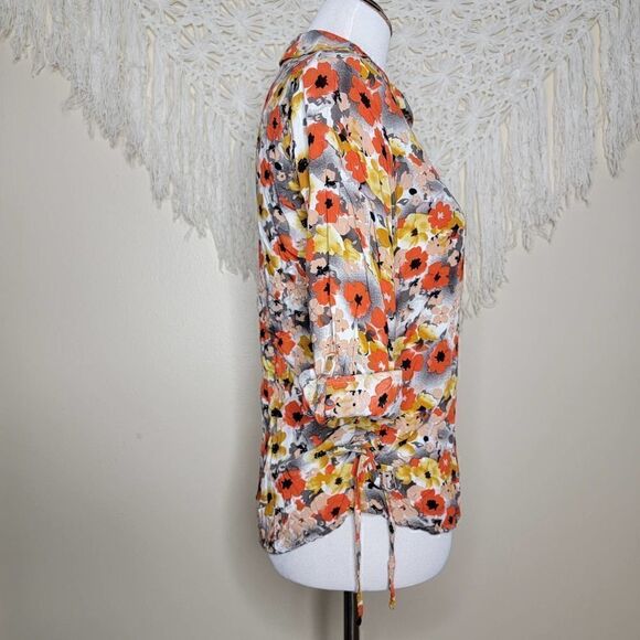 Ms Bella D Floral Long Sleeve Tie Hip Blouse Orange Gray Pink Size Small - Picture 3 of 14